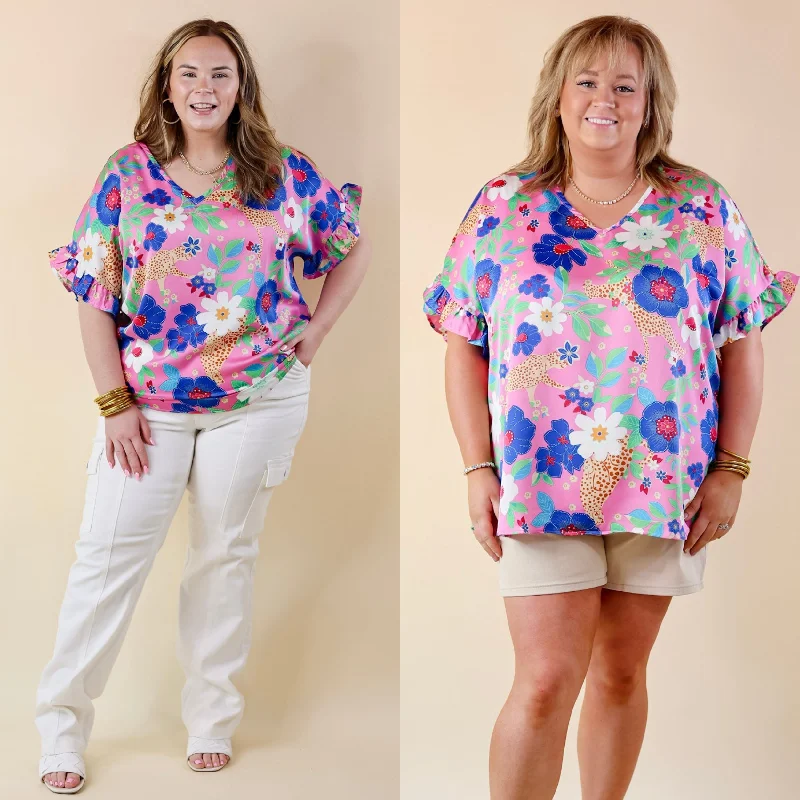 Sustainable Women's Clothes Best Version Floral and Cheetah Print V Neck Top with Ruffle Short Sleeves in Pink