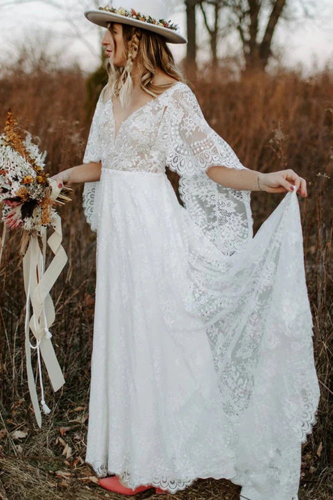 Women's Elegant Evening Outfit A Line Backless Lace Wedding Gowns V Neck Rustic 3/4 Sleeve Wedding Dresses