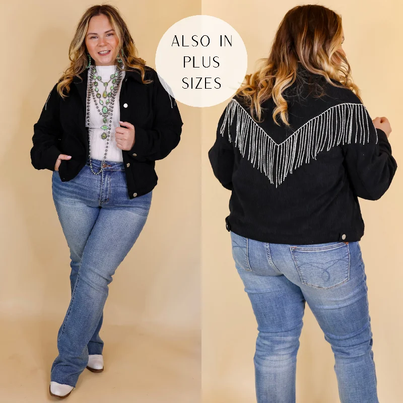 Women's Formal Apparel Signature Moves Button Up Corduroy Jacket with Crystal Fringe Back in Black