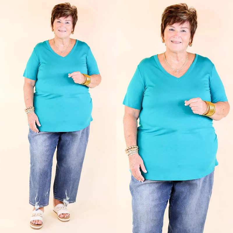 Women's Transitional Attire It's That Simple Solid V Neck Tee in Teal Blue