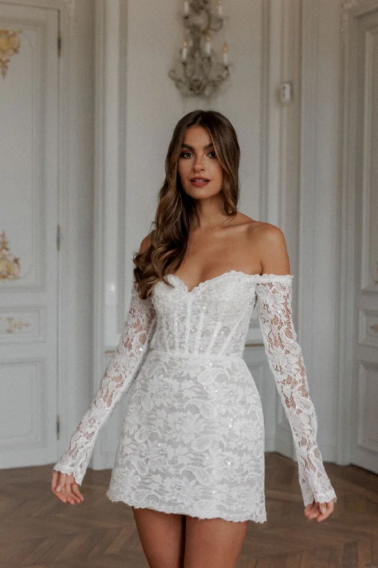 Stylish Women's Garments For Holidays Glitter Full Lace A-Line Mini Wedding Dresses Long Sleeves Sweetheart Off The Shoulder Short Bridal Gowns vestidos de novia