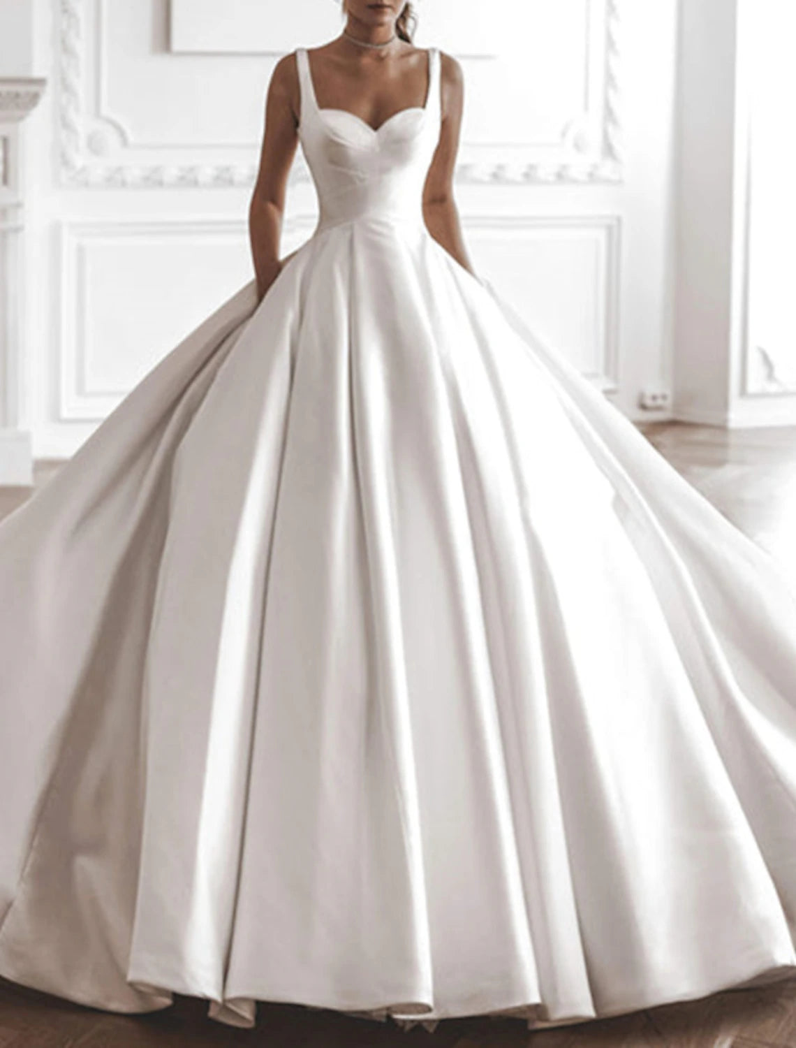 Women's Cozy Winter Attire Royal Style Formal Wedding Dresses Ball Gown Square Neck Sleeveless Chapel Train Satin Bridal Gowns With Solid Color