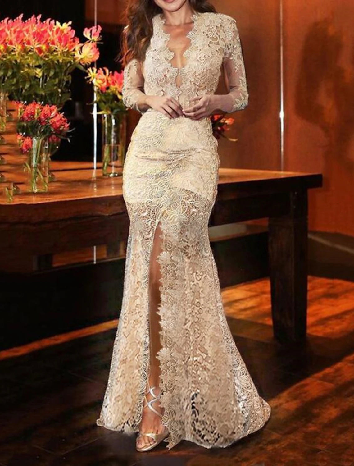 Women's Elegant Apparel Mermaid / Trumpet Evening Gown Sexy Dress Formal Wedding Guest Sweep / Brush Train Long Sleeve V Neck Fall Wedding Reception Lace with Slit Appliques