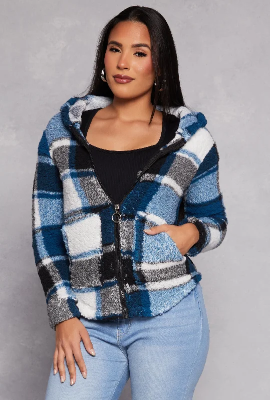 Modern Women's Clothes Sherpa Plaid Zip Front Hoodie