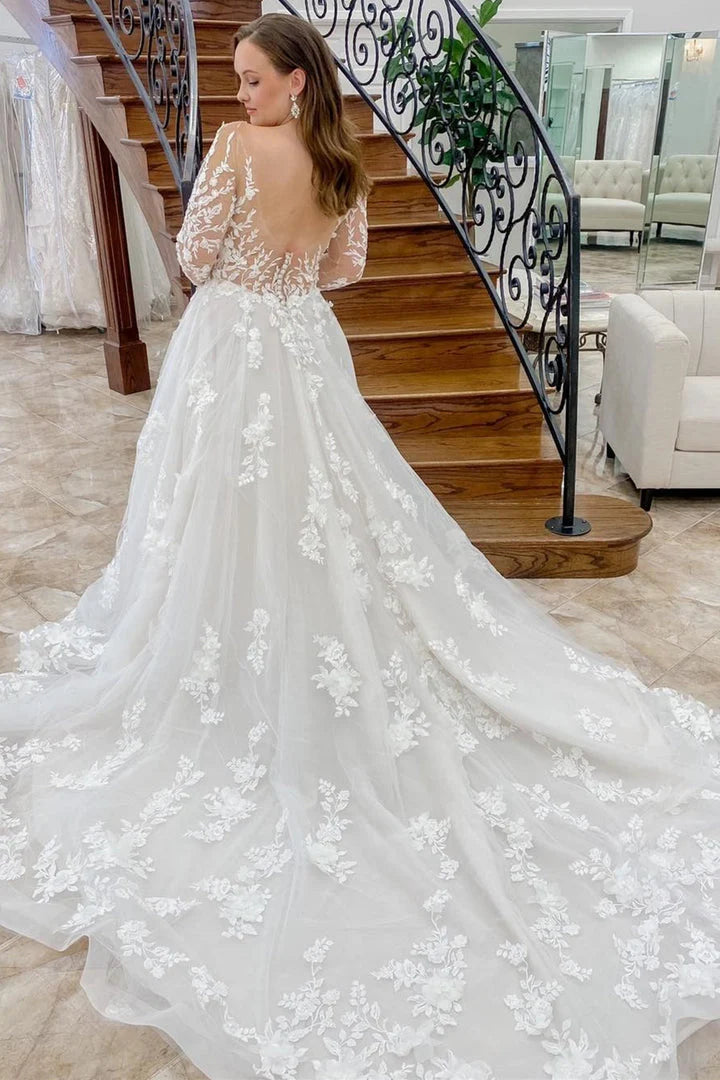 Sustainable Fashion Clothing For Women A Line See Through Long Sleeve Lace Appliques Wedding Dresses