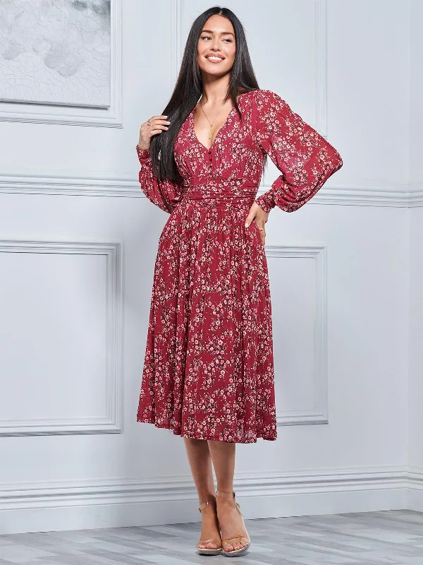 Women's Comfortable Clothes For Weekends Jolie Moi Gianna Long Sleeve Mesh Midi Dress, Wine Floral