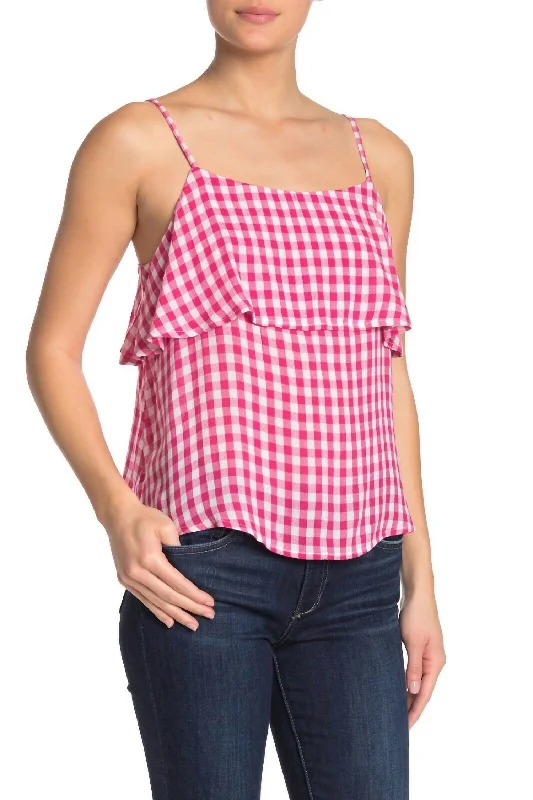 Women's Formal Apparel Gingham Spaghetti Strap Check Plaid Tank Top In White, Pink