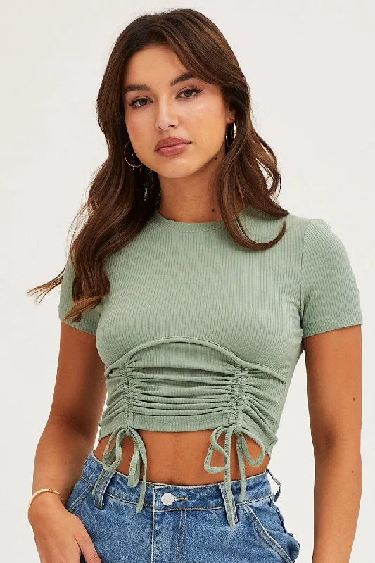 Casual Clothing For Women Green Bust Detail Top Short Sleeve Ruche