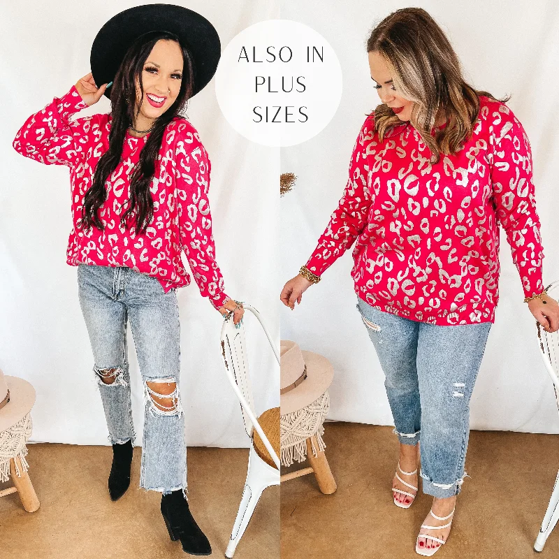 Classic Women's Clothing Styles Last Chance Size 2XL/3XL | Trend Spotter Silver Metallic Leopard Print Sweater with Zipper Detail in Fuchsia Pink