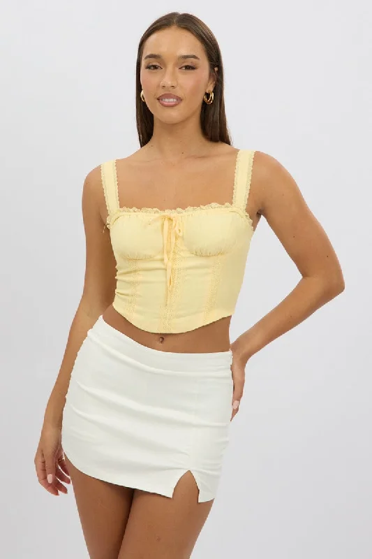 Chic Women's Garments Yellow Corset Crop Top Sleeveless Ruched Bust Lace Trim