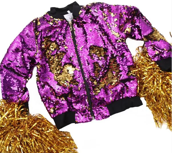 Women's Fashionable Attire For Work PURPLE AND GOLD REVERSIBLE SEQUIN JACKET