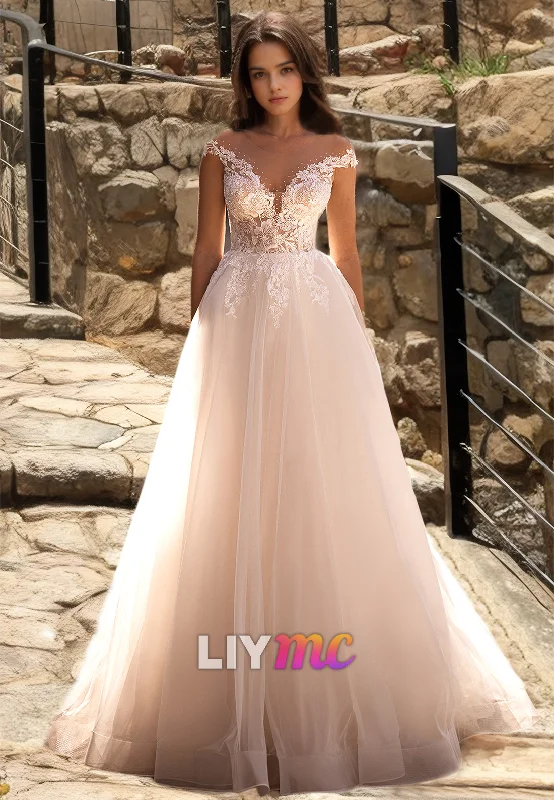 Women's Transitional Clothes V-Neck Straps Lace Appliques Tulle A-Line Wedding Dress