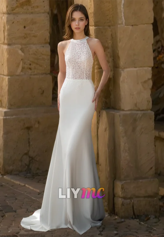 Comfortable Outfit For Women Halter Sleeveless Appliques Sleek Mermaid Removable Train Wedding Dress