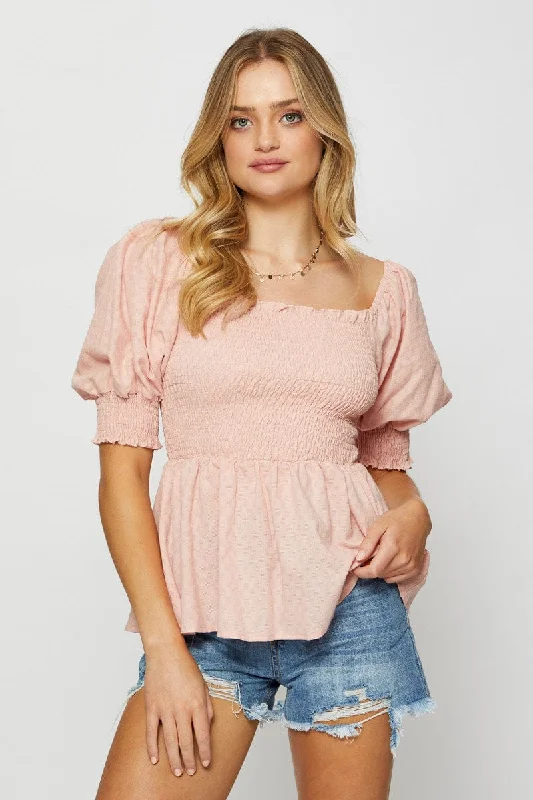 Sustainable Women's Clothing Pink Peplum Top Short Sleeve Round Neck