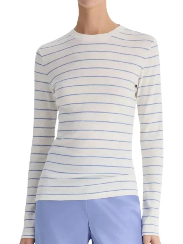 Women's Comfy Loungewear Outfit Striped Long Sleeve Crew Tee In Pacific Opal Combo