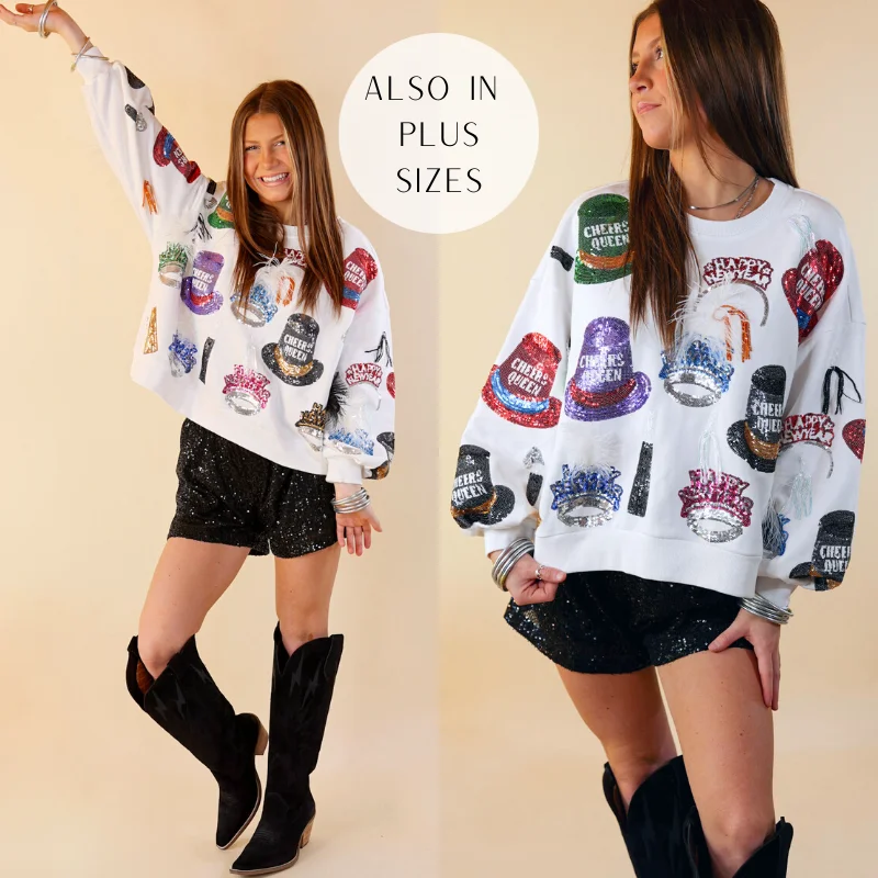 Plus-Size Women's Clothing Queen Of Sparkles | Sequin New Years Hat Long Sleeve Graphic Sweatshirt in White