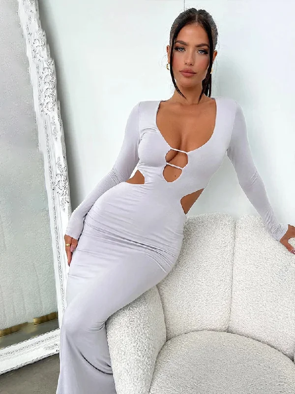 Women's Plus-Size Garments Hollow Out Nightclub Slim Bodycon Long Elegant Autumn Winter Maxi Dress