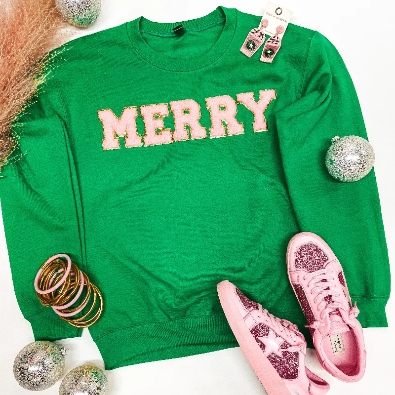 Classic Women's Clothing Styles Merry Chenille Letter Graphic Sweatshirt with Long Sleeves in Green