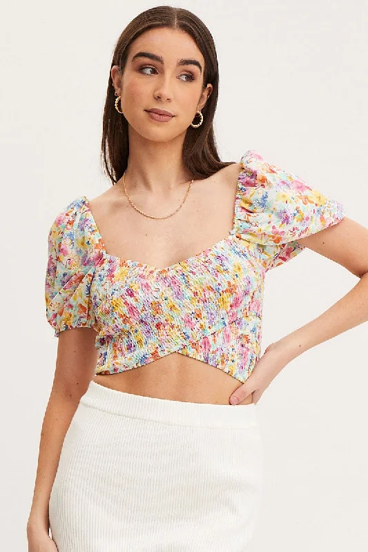 Women's Clothes For Work Print Puff Sleeve Top Short Sleeve Crop