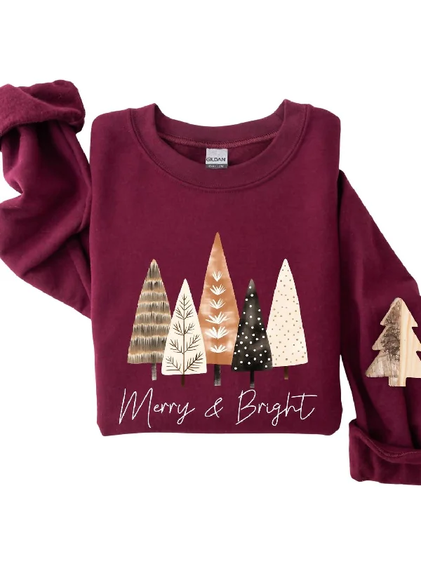 Women's Travel Outfit Set Women's Merry And Bright Xmas Sweatshirt In Maroon