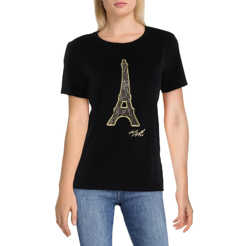 Women's Activewear Attire Eiffel Tower Womens Embellished Metallic Graphic T-Shirt