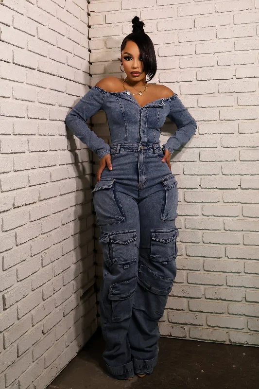 Women's Stylish Outdoor Outfit Carla Denim Off Shoulder Cargo Jumpsuit