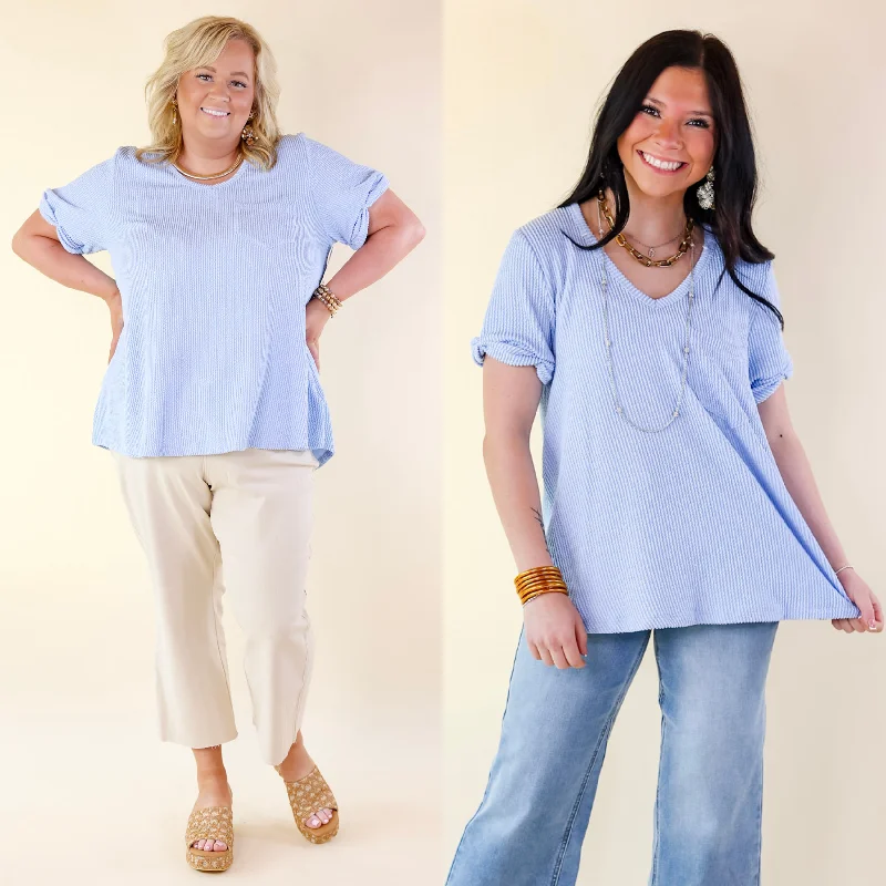 Women's Comfortable Clothes For Weekends Only True Love Ribbed Short Sleeve Top with Front Pocket in Serenity Blue