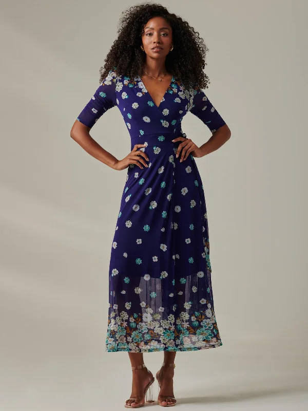 Women's Work Outfit For The Office Stella Floral Print Wrap Mesh Maxi Dress, Navy Floral