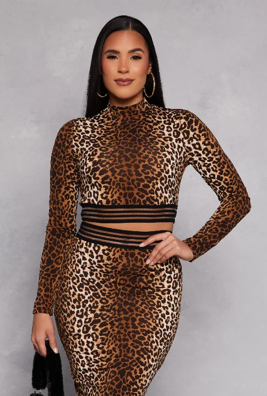 Classic Clothes For Women Iris Leopard Print Mock Neck Crop Top