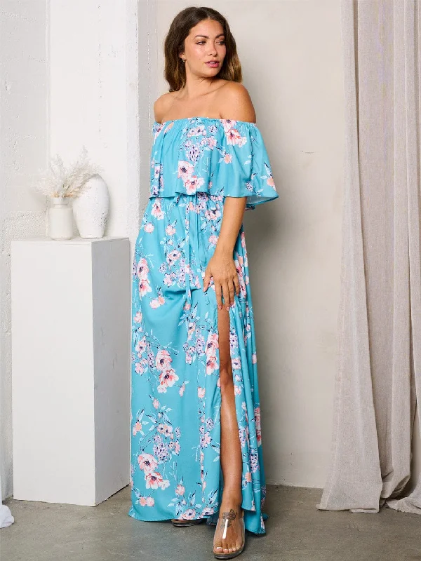 Women's Casual Wear Clothing WOMEN'S OFF SHOULDER FRONT SLIT FLORAL MAXI DRESS