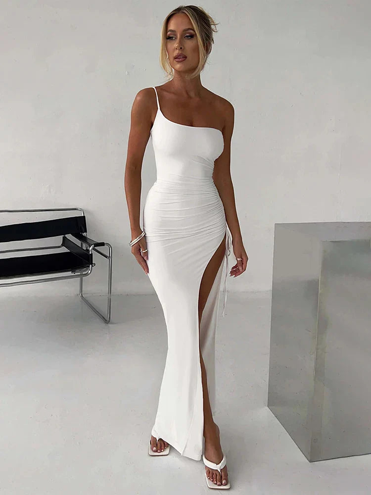 Affordable Fashion Clothing For Women One Shoulder Long High Split Party Drawstring Slim Sexy Summer Maxi Dress