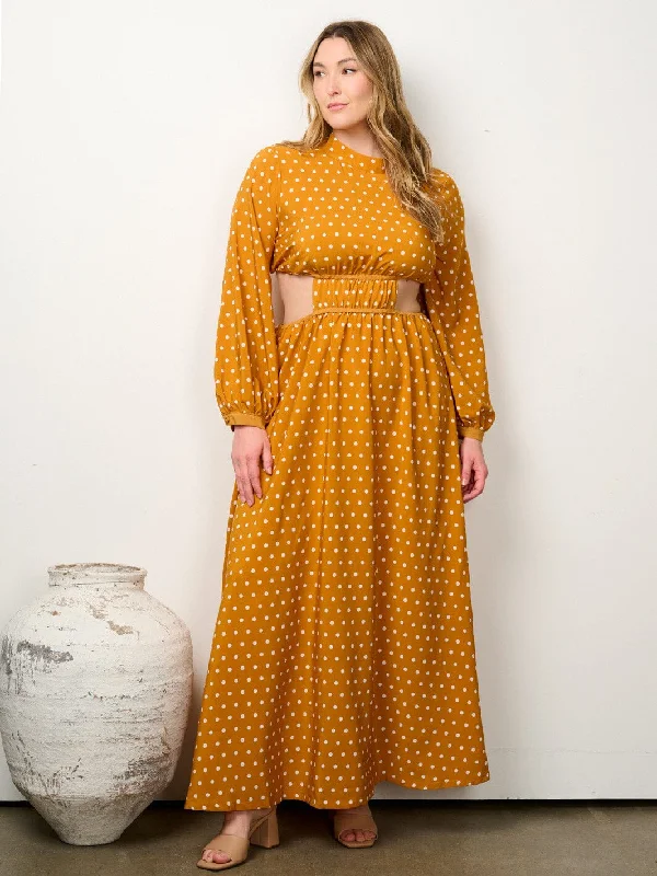 Fashionable Women's Clothing PLUS SIZE ONE LONG SLEEVE CUT OUT POLKA DOTS MAXI DRESS