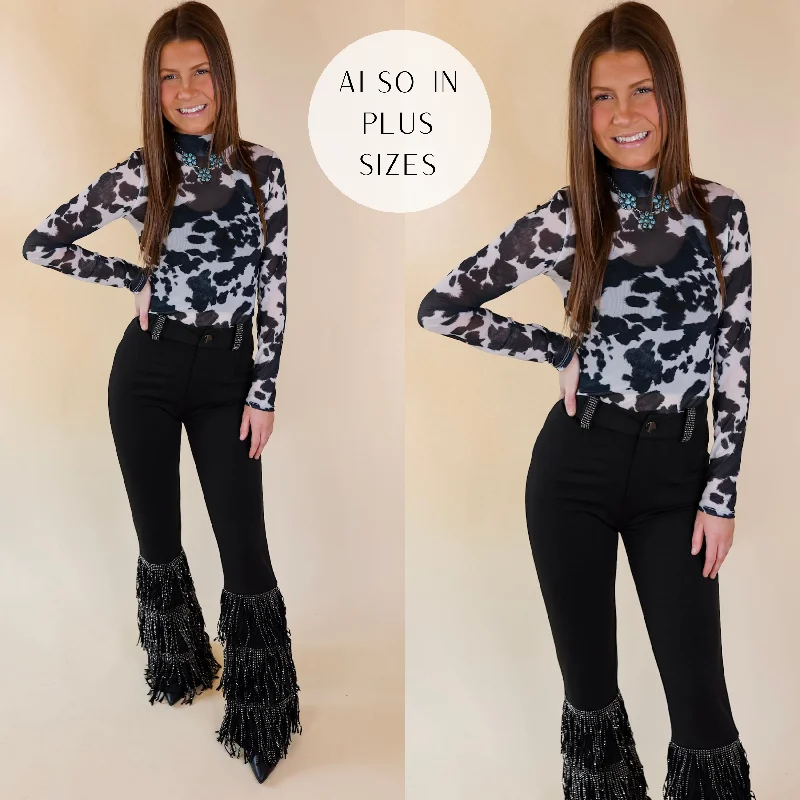 Women's Festive Attire Try Your Luck Cow Print Mesh Long Sleeve Bodysuit in Black