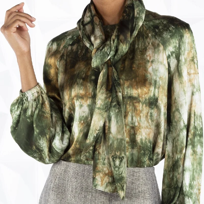 Women's Comfortable Lounge Outfit Tie Dye Camo Silk Blouse