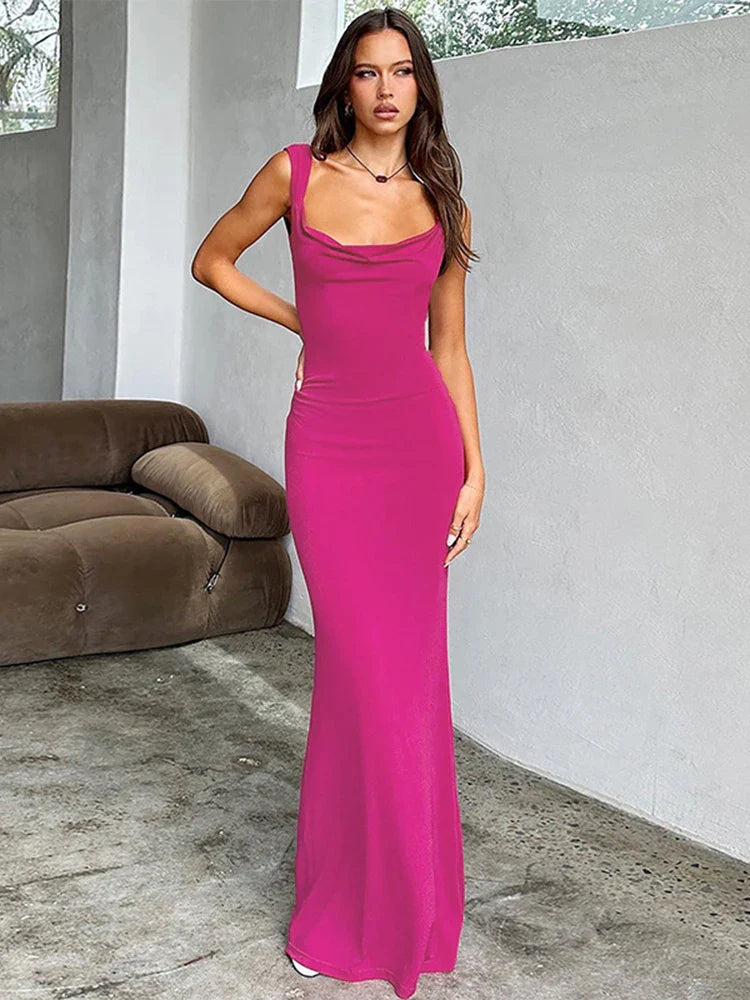 Women's Plus-Size Clothes Long Slim Bodycon Spaghetti Strap Bow Backless Sexy Spring Summer Maxi Dress