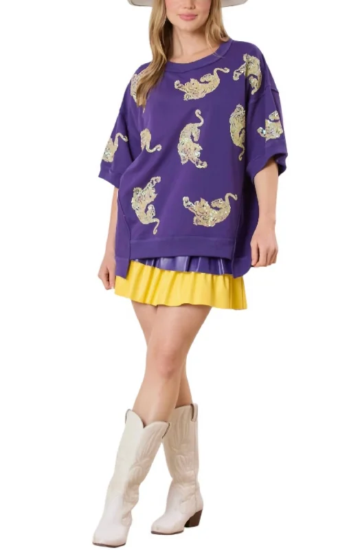 Women's Evening Garments Tigers Sequins Embroidery Short Sleeve Top In Purple/yellow