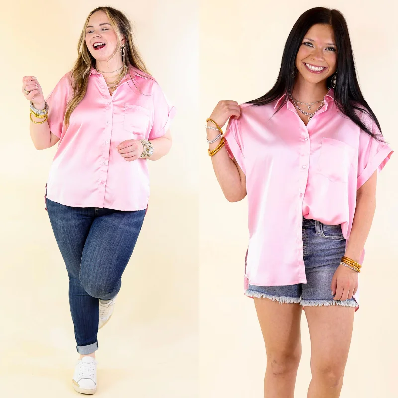 Women's Workout Garments Free To Be Fab Button Up Short Sleeve Top in Light Pink