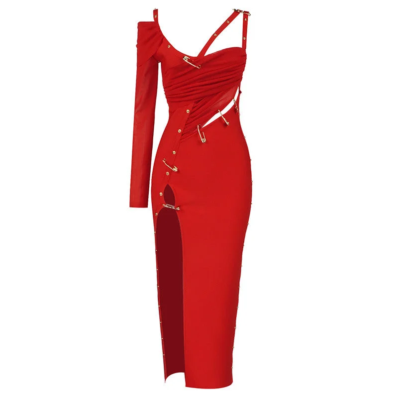 Women's Festive Attire C2435 Hot Selling Red One Shoulder Cutout Slit Stylish Long Maxi Dress Women Clothing ladies maxi dresses