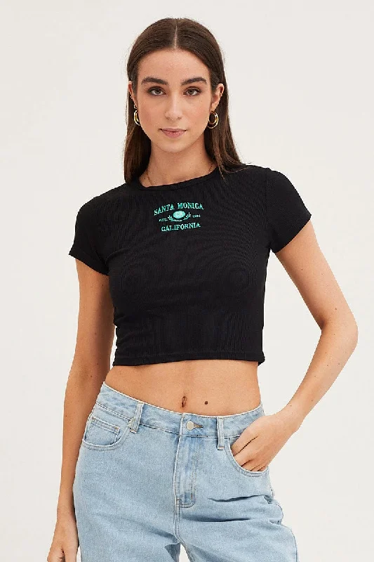 Women's Party Clothes Black Top Short Sleeve Embroided