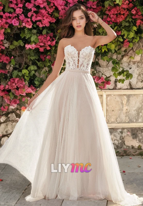 Timeless Women's Garments Sweetheart Strapless Lace Appliques Removable Train Beach Wedding Dress