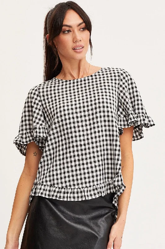 Women's Vacation Outfit Check Frill Top Short Sleeve