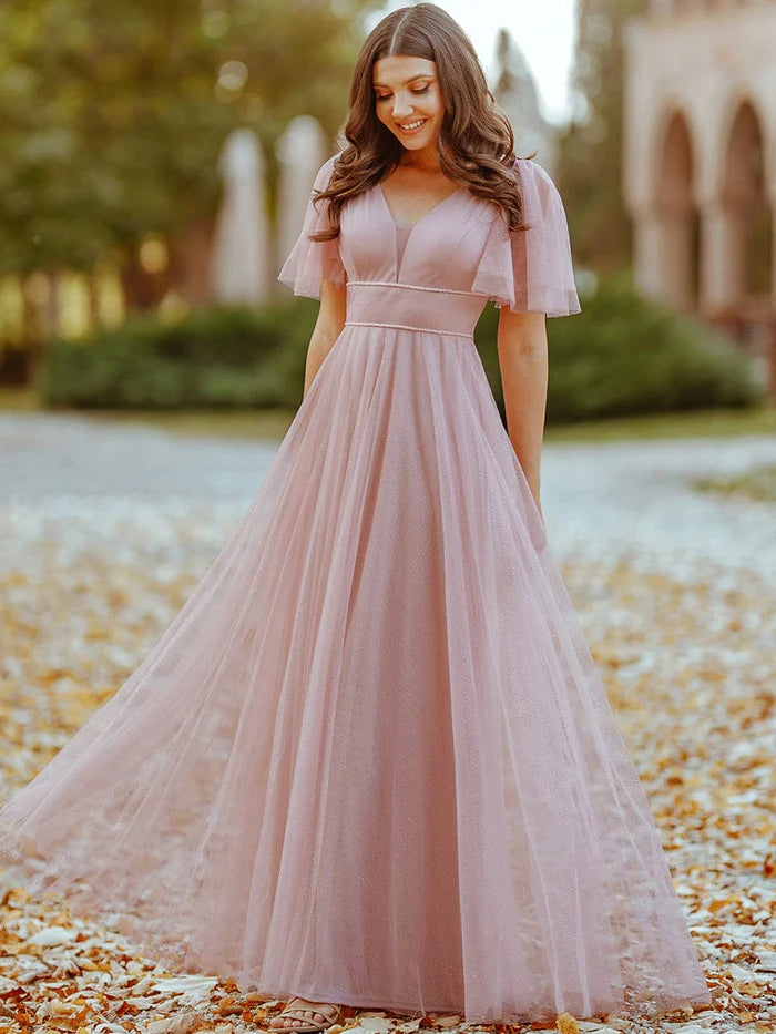 Women's Elegant Evening Outfit Cute Deep V Neck A-Line Tulle Long Wedding Guest Dress