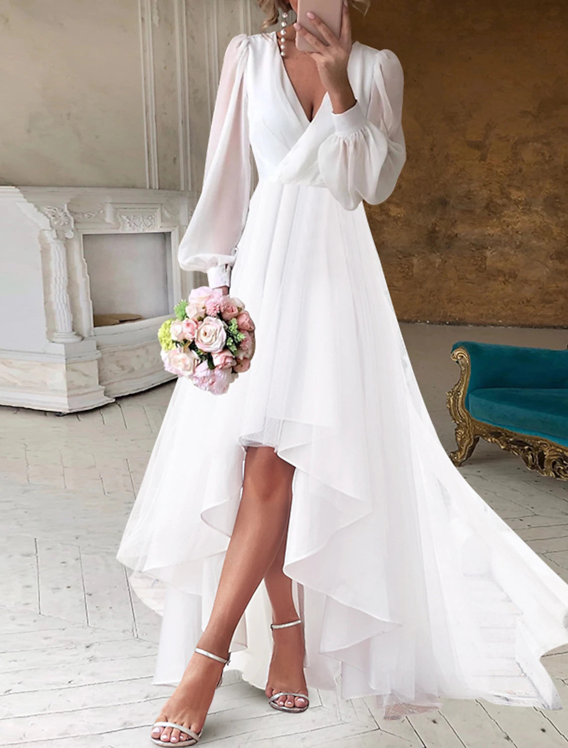 Elegant Women's Evening Garments Wedding Dresses Little White Dresses Simple A-Line V Neck Long Sleeve Asymmetrical Chiffon Bridal Gowns Summer Wedding Party