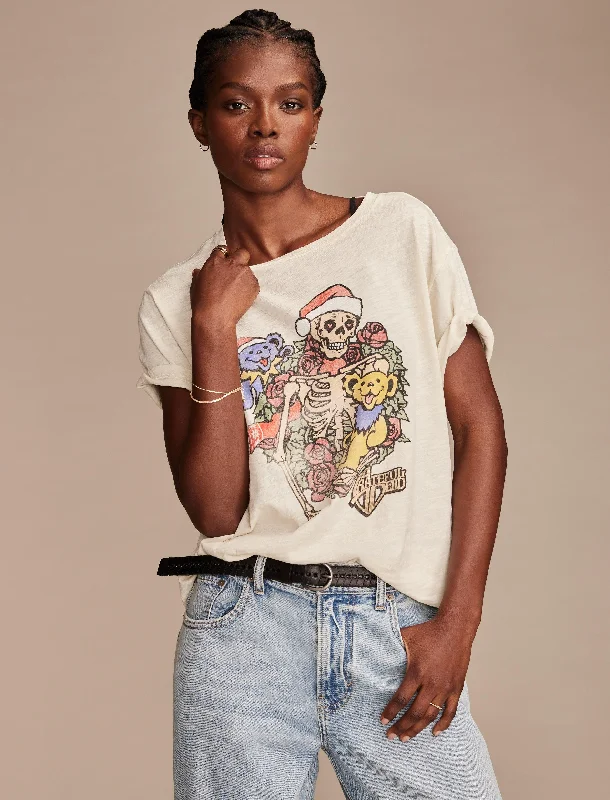 Women's Trendy Casual Outfit Lucky Brand Women's Grateful Dead Christmas Skeleton Boyfriend Tee