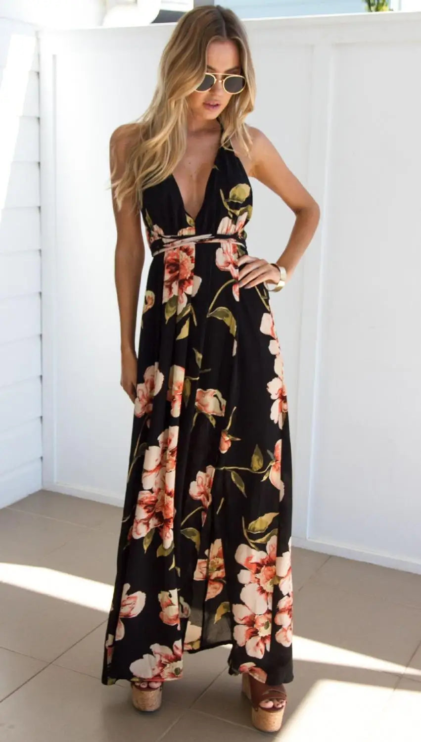 Women's Clothing Sets Summer Floral Sexy Pleated Backless Robe Evenning- Midi Dresses