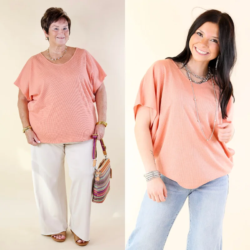 Women's Clothing Sets Everyday Essential Short Sleeve Waffle Knit Top in Apricot Coral Orange