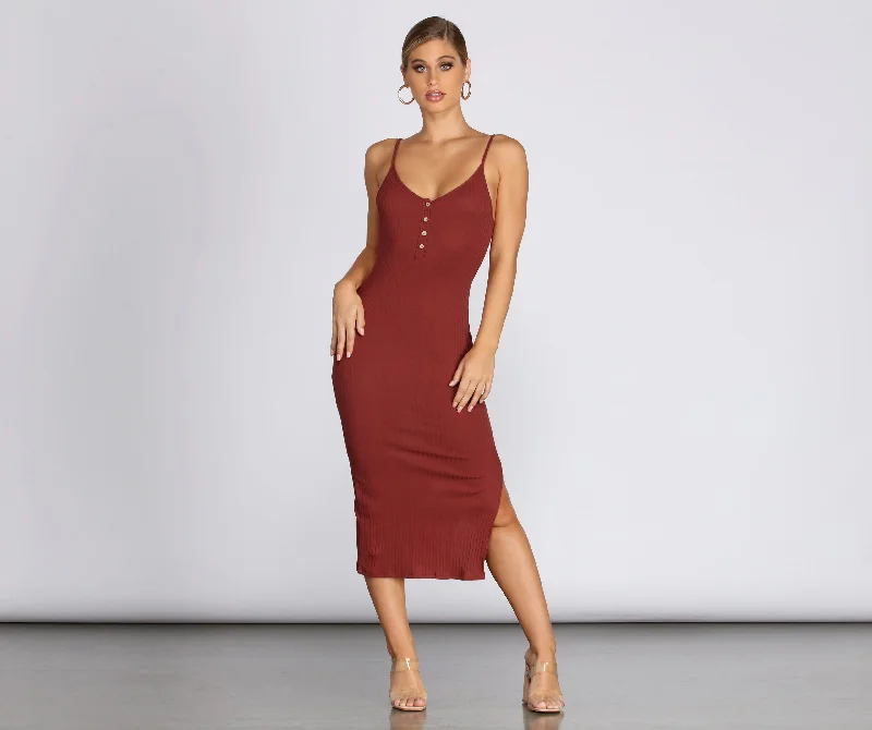 Women's Plus-Size Garments Basic Button Knit Midi Dress