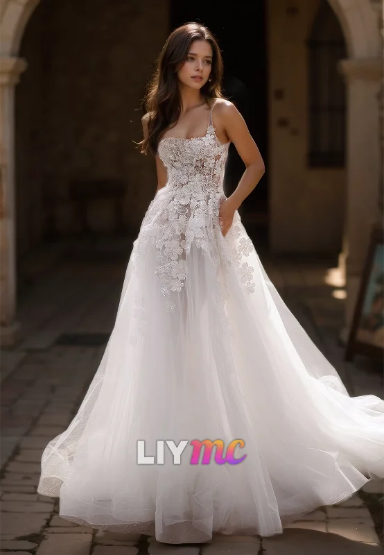 Women's Formal Clothes Square Straps Sleveless Floral Embellished Tulle A-Line Wedding Dress