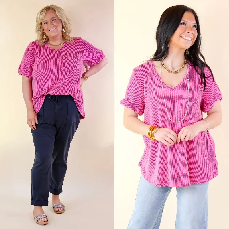 Women's Relaxed Clothes Only True Love Ribbed Short Sleeve Top with Front Pocket in Orchid Pink