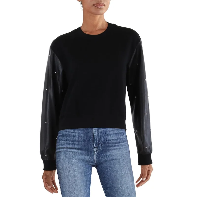 Women's Athleisure Apparel Payton Womens Faux Leather Trim Beaded Sweatshirt